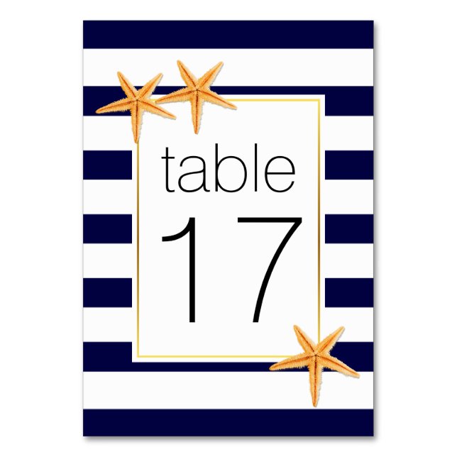 Navy blue stripes & starfish wedding table number (Front)