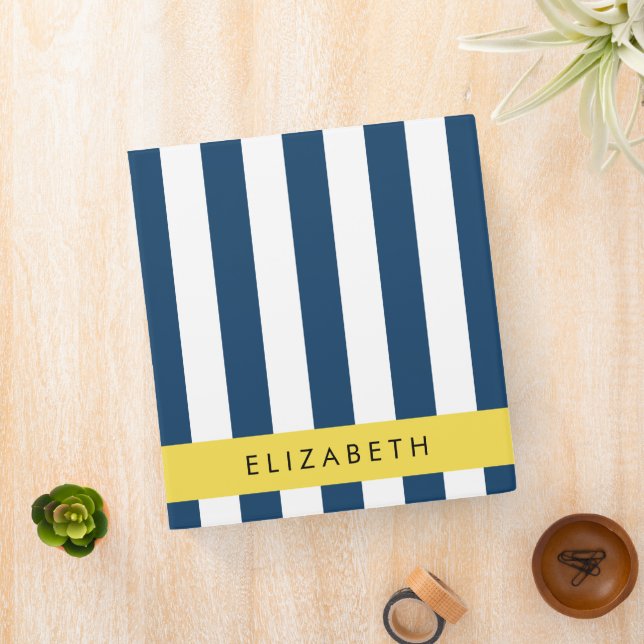 Navy Blue Stripes, Striped Pattern, Your Name 3 Ring Binder (In Situ)