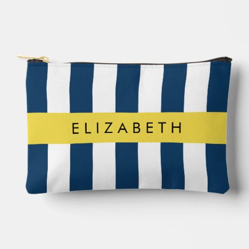 Navy Blue Stripes Striped Pattern Your Name Accessory Pouch