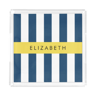 Navy Blue Stripes, Striped Pattern, Your Name Acrylic Tray
