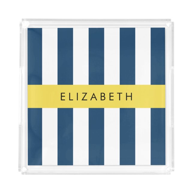 Navy Blue Stripes, Striped Pattern, Your Name Acrylic Tray (Front)