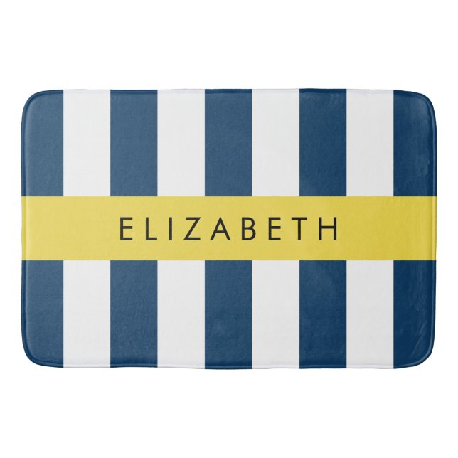 Navy Blue Stripes, Striped Pattern, Your Name Bath Mat (Front)