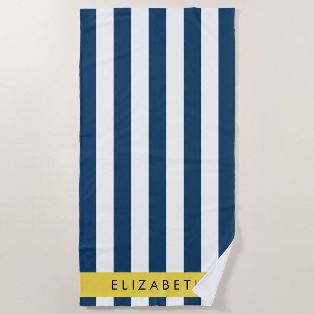 Navy Blue Stripes, Striped Pattern, Your Name Beach Towel (Front)