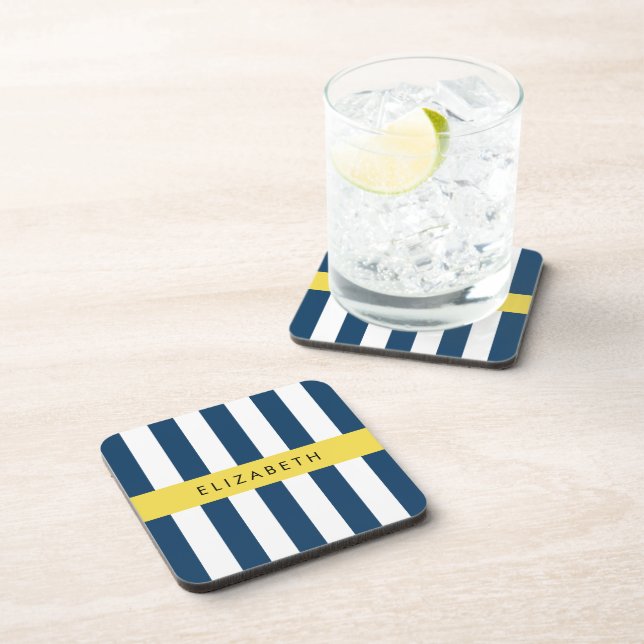 Navy Blue Stripes, Striped Pattern, Your Name Beverage Coaster (Right Side)