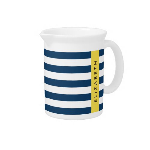 Navy Blue Stripes Striped Pattern Your Name Beverage Pitcher
