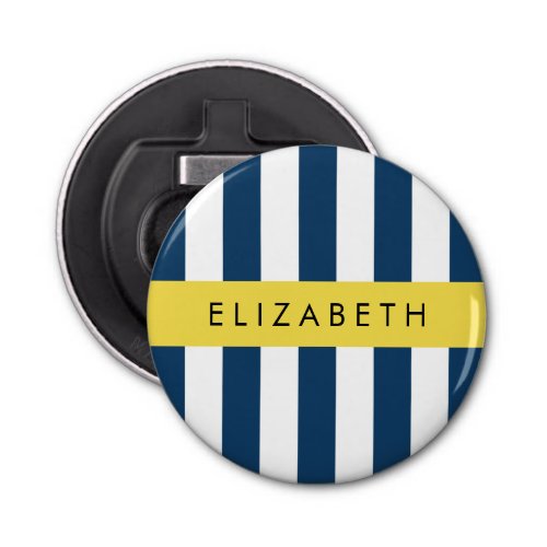 Navy Blue Stripes Striped Pattern Your Name Bottle Opener