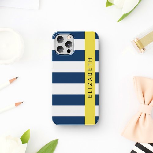 Navy Blue Stripes Striped Pattern Your Name iPhone 12 Pro Case