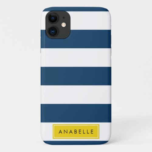 Navy Blue Stripes Striped Pattern Your Name iPhone 11 Case