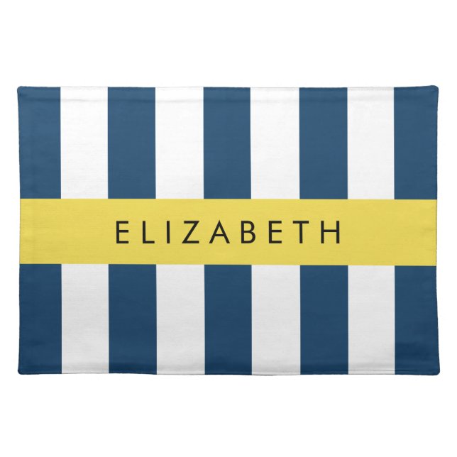 Navy Blue Stripes, Striped Pattern, Your Name Cloth Placemat (Front)