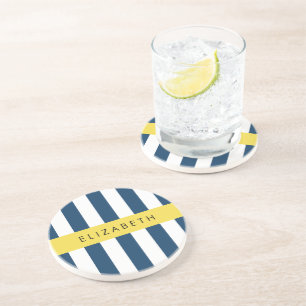 Navy Blue Stripes, Striped Pattern, Your Name Coaster
