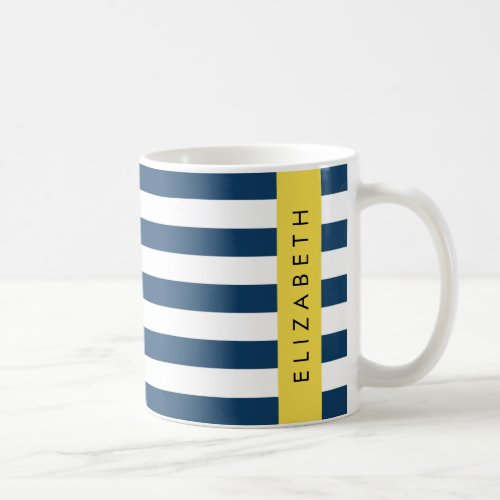 Navy Blue Stripes Striped Pattern Your Name Coffee Mug