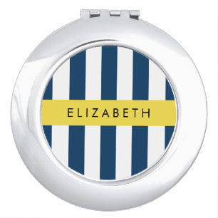 Navy Blue Stripes, Striped Pattern, Your Name Compact Mirror