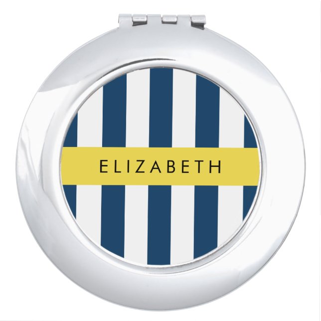 Navy Blue Stripes, Striped Pattern, Your Name Compact Mirror (Front)