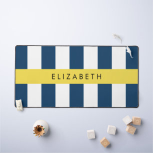 Navy Blue Stripes, Striped Pattern, Your Name Desk Mat