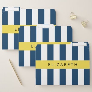 Navy Blue Stripes, Striped Pattern, Your Name File Folder