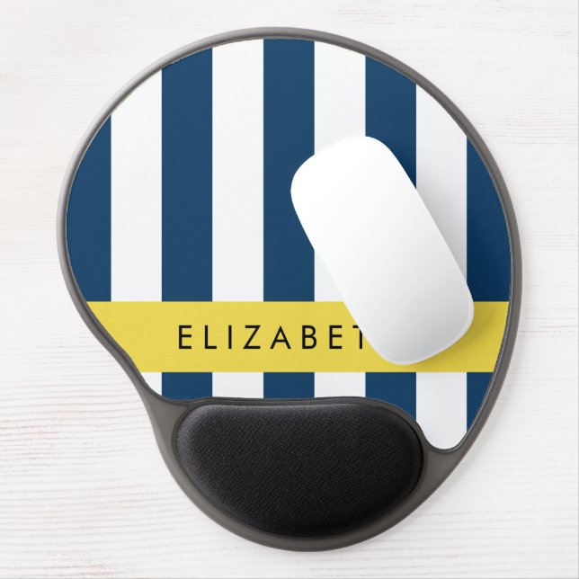Navy Blue Stripes, Striped Pattern, Your Name Gel Mouse Pad (Left Side)