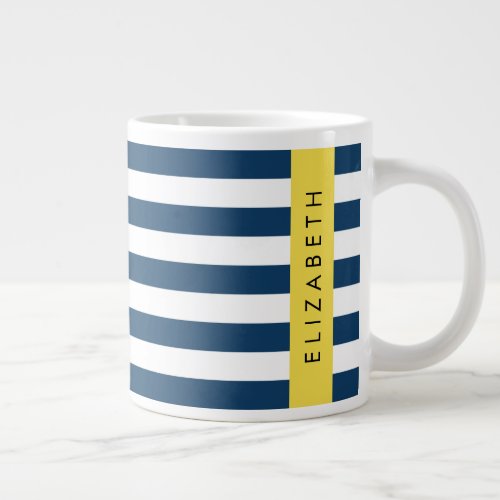 Navy Blue Stripes Striped Pattern Your Name Giant Coffee Mug