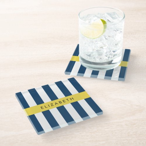 Navy Blue Stripes Striped Pattern Your Name Glass Coaster