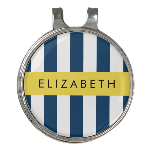 Navy Blue Stripes, Striped Pattern, Your Name Golf Hat Clip (Front)
