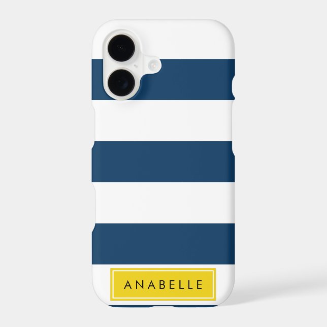 Navy Blue Stripes, Striped Pattern, Your Name Iphone Case (Back)