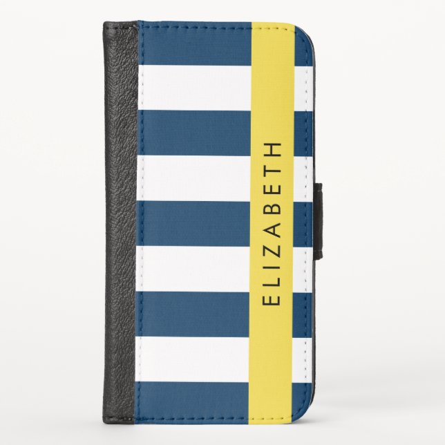 Navy Blue Stripes, Striped Pattern, Your Name iPhone Wallet Case (Front)