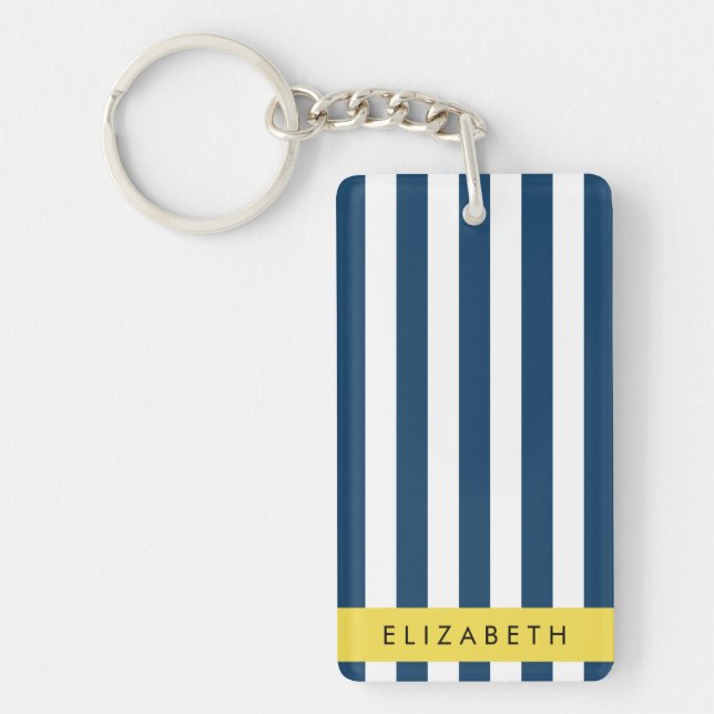 Navy Blue Stripes, Striped Pattern, Your Name Keychain (Front)