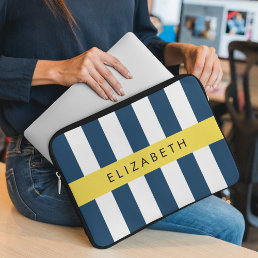 Navy Blue Stripes, Striped Pattern, Your Name Laptop Sleeve