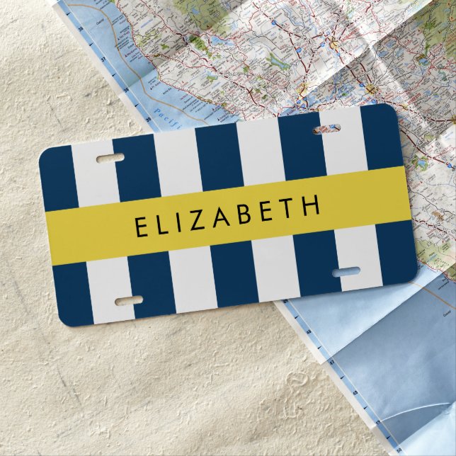 Navy Blue Stripes, Striped Pattern, Your Name License Plate (In Situ)