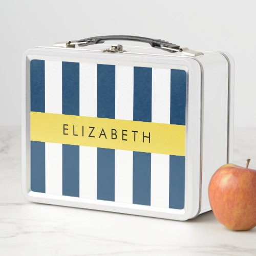 Navy Blue Stripes Striped Pattern Your Name Metal Lunch Box