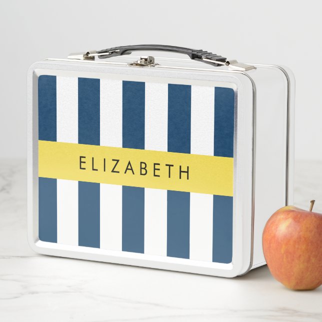 Navy Blue Stripes, Striped Pattern, Your Name Metal Lunch Box (In Situ)