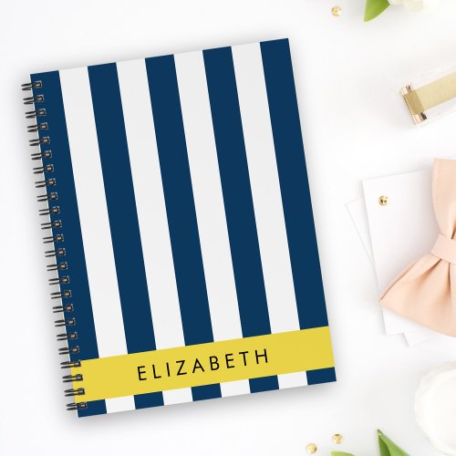 Navy Blue Stripes Striped Pattern Your Name Notebook