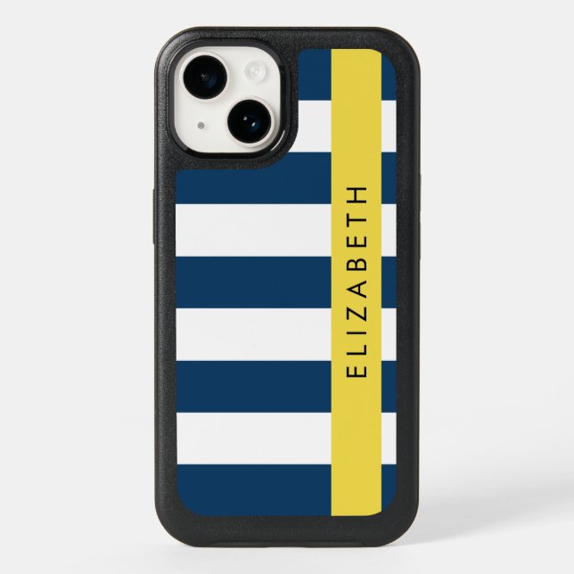 Navy Blue Stripes, Striped Pattern, Your Name Otterbox iPhone Case (Back)