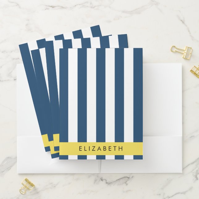 Navy Blue Stripes, Striped Pattern, Your Name Pocket Folder (In Situ)