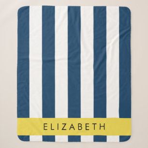 Navy Blue Stripes, Striped Pattern, Your Name Sherpa Blanket