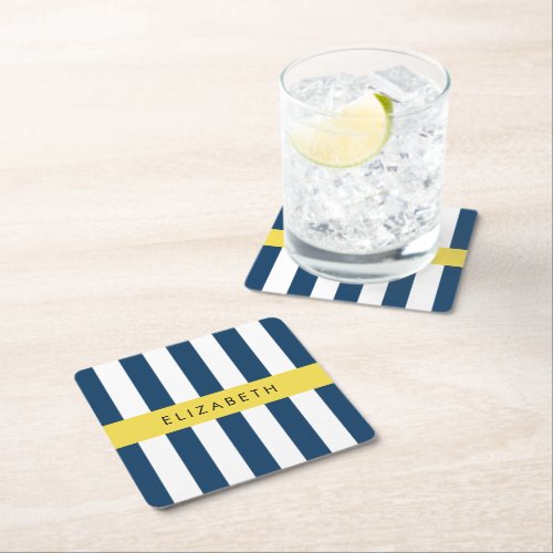 Navy Blue Stripes Striped Pattern Your Name Square Paper Coaster