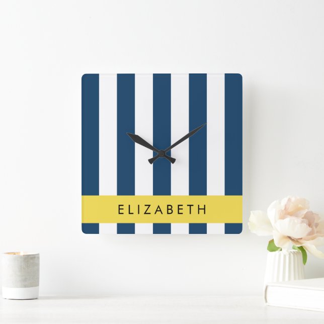 Navy Blue Stripes, Striped Pattern, Your Name Square Wall Clock (Home)