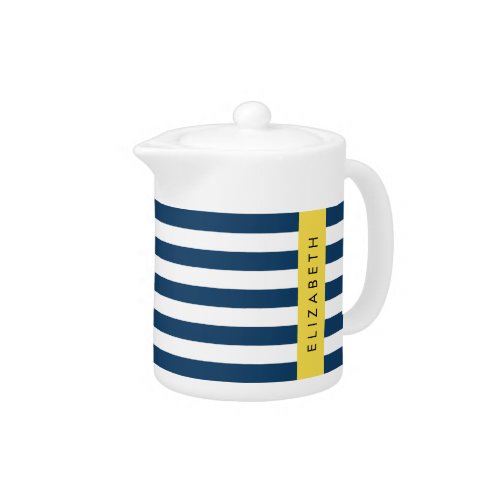 Navy Blue Stripes Striped Pattern Your Name Teapot