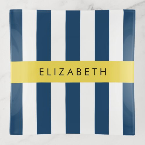 Navy Blue Stripes Striped Pattern Your Name Trinket Tray