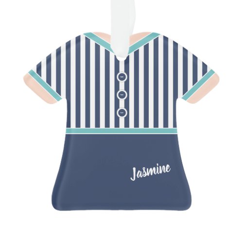 Navy Blue Stripes Teal Trim Athletic Tennis Outfit Ornament