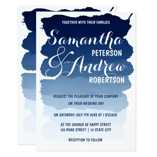 Navy Blue Stripes Watercolor Ombre Wedding Invitation