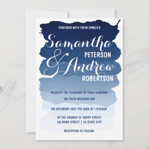 Navy blue stripes watercolor ombre wedding invitation