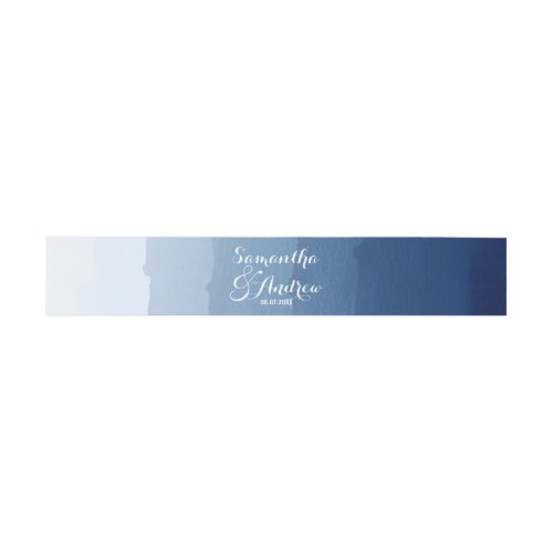 Navy blue stripes watercolor ombre wedding invitation belly band