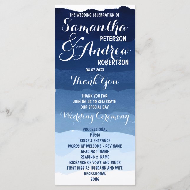 Navy blue stripes watercolor ombre wedding program (Front)
