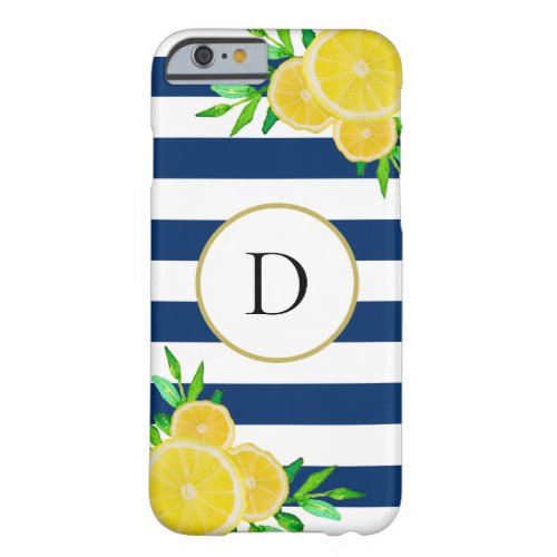 Navy Blue Stripes Watercolor Summer Lemon Monogram Barely There iPhone 6 Case
