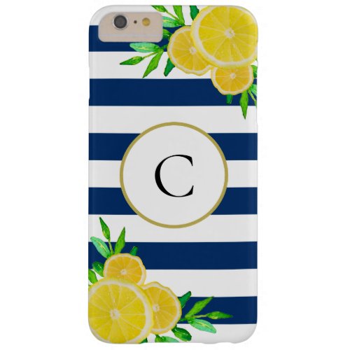 Navy Blue Stripes Watercolor Summer Lemon Monogram Barely There iPhone 6 Plus Case