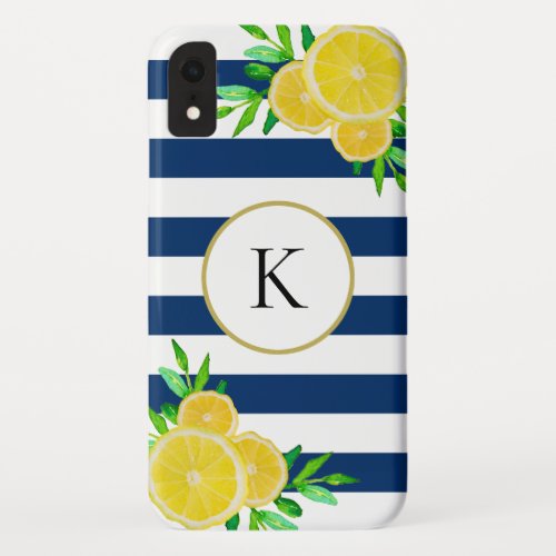 Navy Blue Stripes Watercolor Summer Lemon Monogram iPhone XR Case
