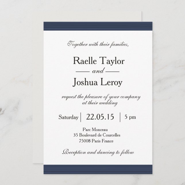 Navy blue stripes white gray wedding invitation (Front/Back)