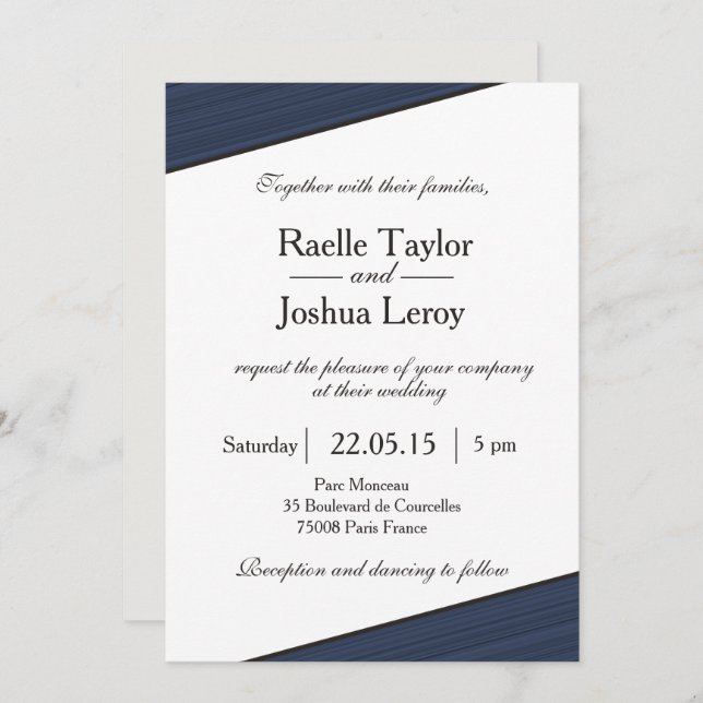 Navy blue stripes white gray wedding invitation (Front/Back)