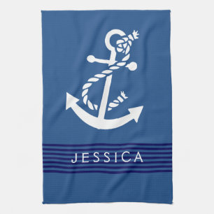 Navy Blue Stripes White nautical Anchor Kitchen Towel