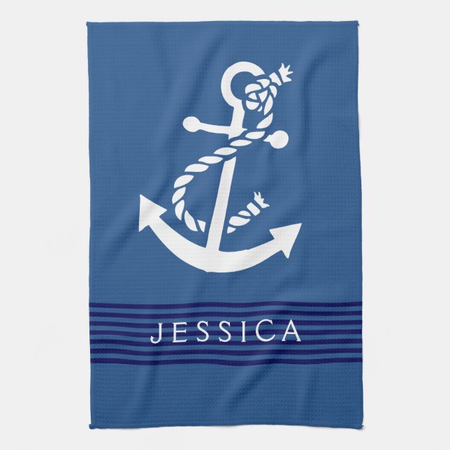 Navy Blue Stripes White nautical Anchor Kitchen Towel (Vertical)